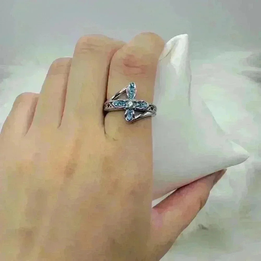 Blue Rhinestone Cross Ring Size 7 - Picture 3 of 6